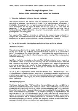 Madrid Strategic Regional Plan Actions for the Metropolitan Area: Success and Limitations