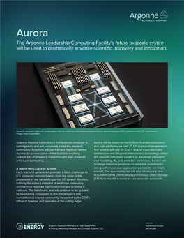 Aurora the Argonne Leadership Computing Facility’S Future Exascale System Will Be Used to Dramatically Advance Scientific Discovery and Innovation