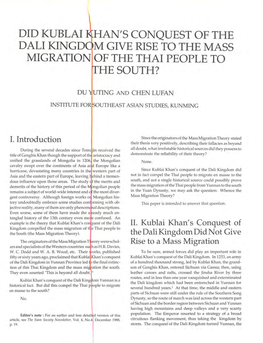 Did Kublai Han's Conquest of the Dali Kingd M Give Rise to the Mass Migration of the Thai People to He South?