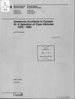Avalanche Accidents in Canada. III. a Selection of Case Histories 1978-1984