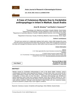 A Case of Cutaneous Myiasis Due to Cordylobia Anthropophaga in Infant in Makkah, Saudi Arabia