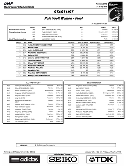 START LIST Pole Vault Women - Final