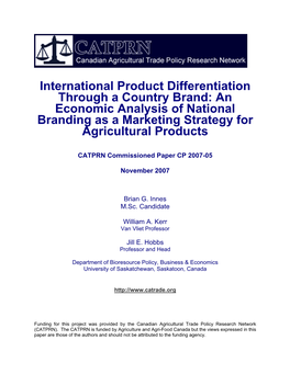 International Product Differentiation Through a Country Brand: an Economic Analysis of National Branding As a Marketing Strategy for Agricultural Products