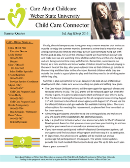 Child Care Connector Summer Quarter Jul, Aug & Sept 2016