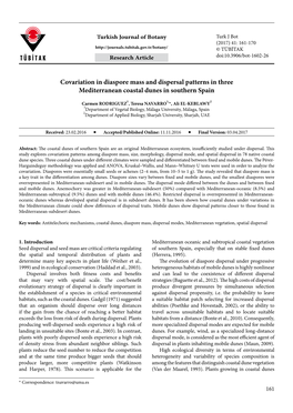 Covariation in Diaspore Mass and Dispersal Patterns in Three Mediterranean Coastal Dunes in Southern Spain