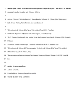 Did the Giant Extinct Shark Carcharocles Megalodon Target Small Prey? Bite Marks on Marine