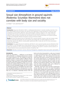 Sexual Size Dimorphism in Ground Squirrels (Rodentia: Sciuridae: Marmotini) Does Not Correlate with Body Size and Sociality Jan Matějů1,2† and Lukáš Kratochvíl1*†