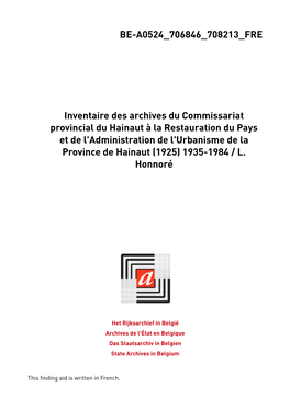 Administration De L'urbanisme De La Province De Hainaut (1925) 1935-1984 / L