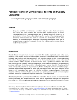 Political Finance in City Elections: Toronto and Calgary Compared