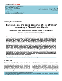 Environmental and Socio-Economic Effects of Timber Harvesting in Ebonyi State, Nigeria