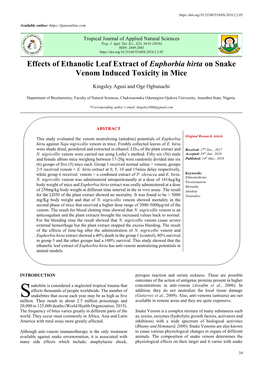 Effects of Ethanolic Leaf Extract of Euphorbia Hirta on Snake Venom Induced Toxicity in Mice
