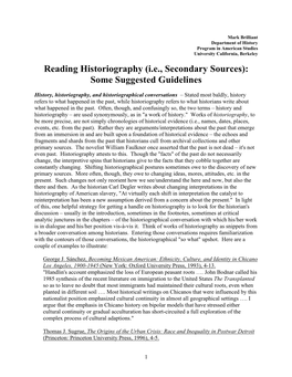 Reading Historiography (I.E., Secondary Sources): Some Suggested Guidelines