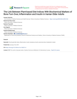 The Link Between Plant-Based Diet Indices with Biochemical Markers of Bone Turn Over, Infammation and Insulin in Iranian Older Adults