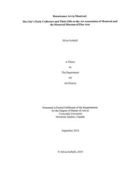 Renaissance Art in Montreal: the City's Early Collectors and Their Gifts to the Art Association of Montreal and the Montreal Museum of Fine Arts