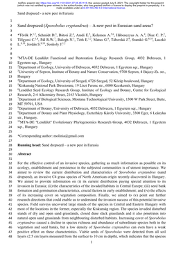 Sand Dropseed (Sporobolus Cryptandrus) – a New Pest in Eurasian Sand Areas? 3 4 *Török P.1,2, Schmidt D.3, Bátori Z.4, Aradi E.5, Kelemen A.5,6, Hábenczyus A