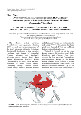 Short Note Protobothrops Mucrosquamatus (Cantor, 1839), a Highly Venomous Species Added to the Snake Fauna of Thailand (Squamata: Viperidae)