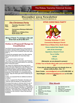 December 2015 Newsletter Newsletter Editor: Ron Wilson (Rideauarchives@Ottawa.Ca)