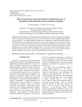 Effect of Temperature on the Egg Production and Hatching Success of Sinodiaptomus (Rhinediaptomus) Indicus (Calanoida: Copepoda)