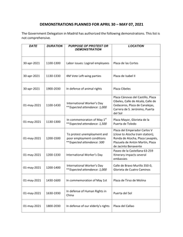 Demonstrations Planned for April 30 – May 07, 2021