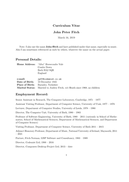 Curriculum Vitae John Peter Fitch Personal Details: Employment Record