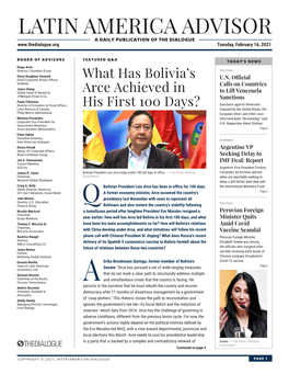 LATIN AMERICA ADVISOR a DAILY PUBLICATION of the DIALOGUE Tuesday, February 16, 2021