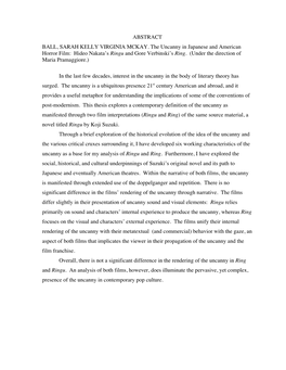 ABSTRACT BALL, SARAH KELLY VIRGINIA MCKAY. the Uncanny in Japanese and American Horror Film: Hideo Nakata’S Ringu and Gore Verbinski’S Ring