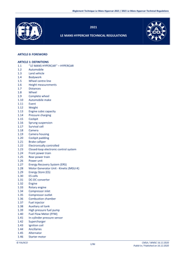2021 Le Mans Hypercar Technical Regulations