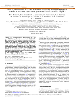 A New Human Gene KCNRG Encoding Potassium Channel Regulating Protein Is a Cancer Suppressor Gene Candidate Located in 13Q14.3