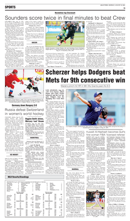 Scherzer Helps Dodgers Beat Mets for 9Th Consecutive Win Wade’S Pinch-Hit HR in 9Th Lifts Giants Past A’S 6-5