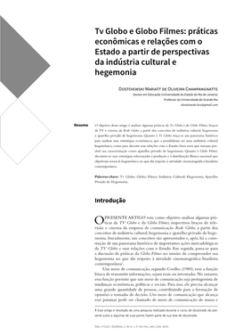 Tv Globo E Globo Filmes: Práticas Econômicas E Relações Com O Estado a Partir De Perspectivas Da Indústria Cultural E Hegemonia