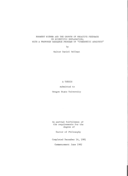 Norbert Wiener and the Growth of Negative Feedback in Scientific Explanation; with a Proposed Research Program of "Cybernetic Analysis"