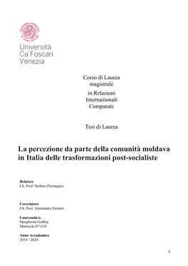 La Percezione Da Parte Della Comunità Moldava in Italia Delle Trasformazioni Post-Socialiste