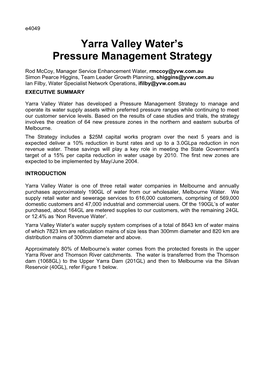 Yarra Valley Water's Pressure Management Strategy