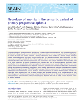 Neurology of Anomia in the Semantic Variant of Primary Progressive Aphasia