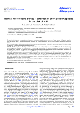 Nainital Microlensing Survey – Detection of Short Period Cepheids in the Disk of M 31