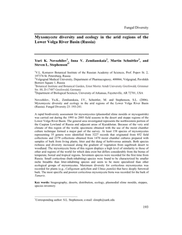 Myxomycete Diversity and Ecology in the Arid Regions of the Lower Volga River Basin (Russia)