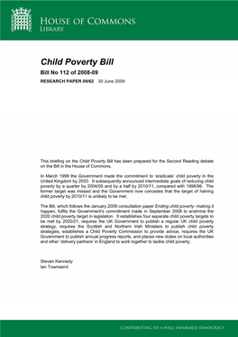 Child Poverty Bill Bill No 112 of 2008-09 RESEARCH PAPER 09/62 30 June 2009