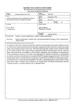 REPORT DOCUMENTATION FORM University of Hawaii at Manoa