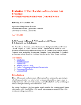 Evaluation of the Charolais As Straightbred and Crossbred for Beef Production in South Central Florida