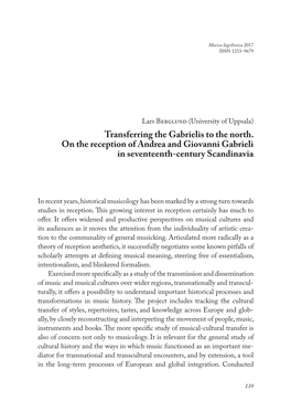 Transferring the Gabrielis to the North. on the Reception of Andrea and Giovanni Gabrieli in Seventeenth-Century Scandinavia