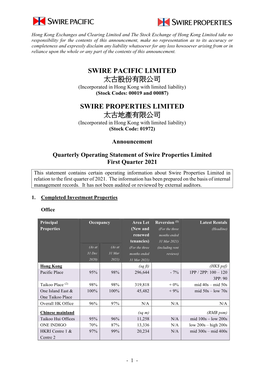 Quarterly Operating Statement of Swire Properties Limited First Quarter 2021