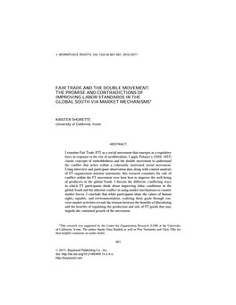 Fair Trade and the Double Movement: the Promise and Contradictions of Improving Labor Standards in the Global South Via Market Mechanisms*