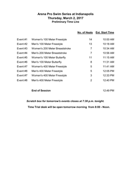 Arena Pro Swim Series at Indianapolis Thursday, March 2, 2017 Preliminary Time Line