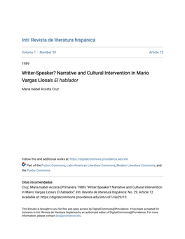 Narrative and Cultural Intervention in Mario Vargas Llosa's El Hablador