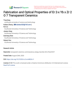 Fabrication and Optical Properties of Er 2-Xybxzr2o7 Transparent Ceramics