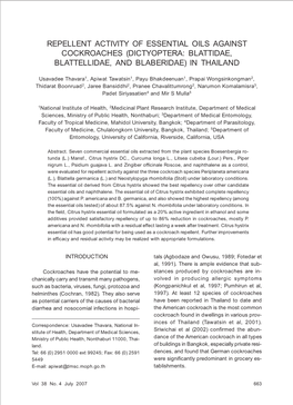 Repellent Activity of Essential Oils Against Cockroaches (Dictyoptera: Blattidae, Blattellidae, and Blaberidae) in Thailand