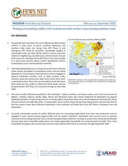 NIGERIA Food Security Outlook February to September 2020 Persisting and Escalating Conflicts in the Northeast and Other Northern Areas Increasing Assistance Needs