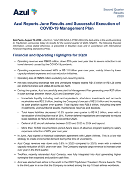 Azul Reports June Results and Successful Execution of COVID-19 Management Plan