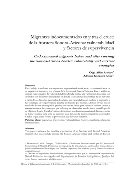 Migrantes Indocumentados En Y Tras El Cruce De La Frontera Sonora-Arizona: Vulnerabilidad Y Factores De Supervivencia