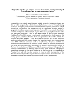 The Potential Impact of Apis Mellifera Caucasica After Selection, Breeding and Rearing of Caucasian Queen Bees in Artvin and Ardahan (Turkey)